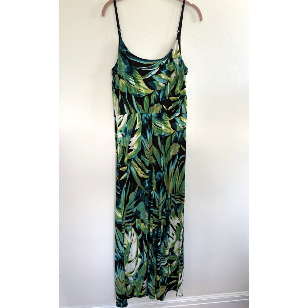 Roz & Ali Tropical Leaf Print Maxi Dress Green Black Floral Size 10 AW782544M
